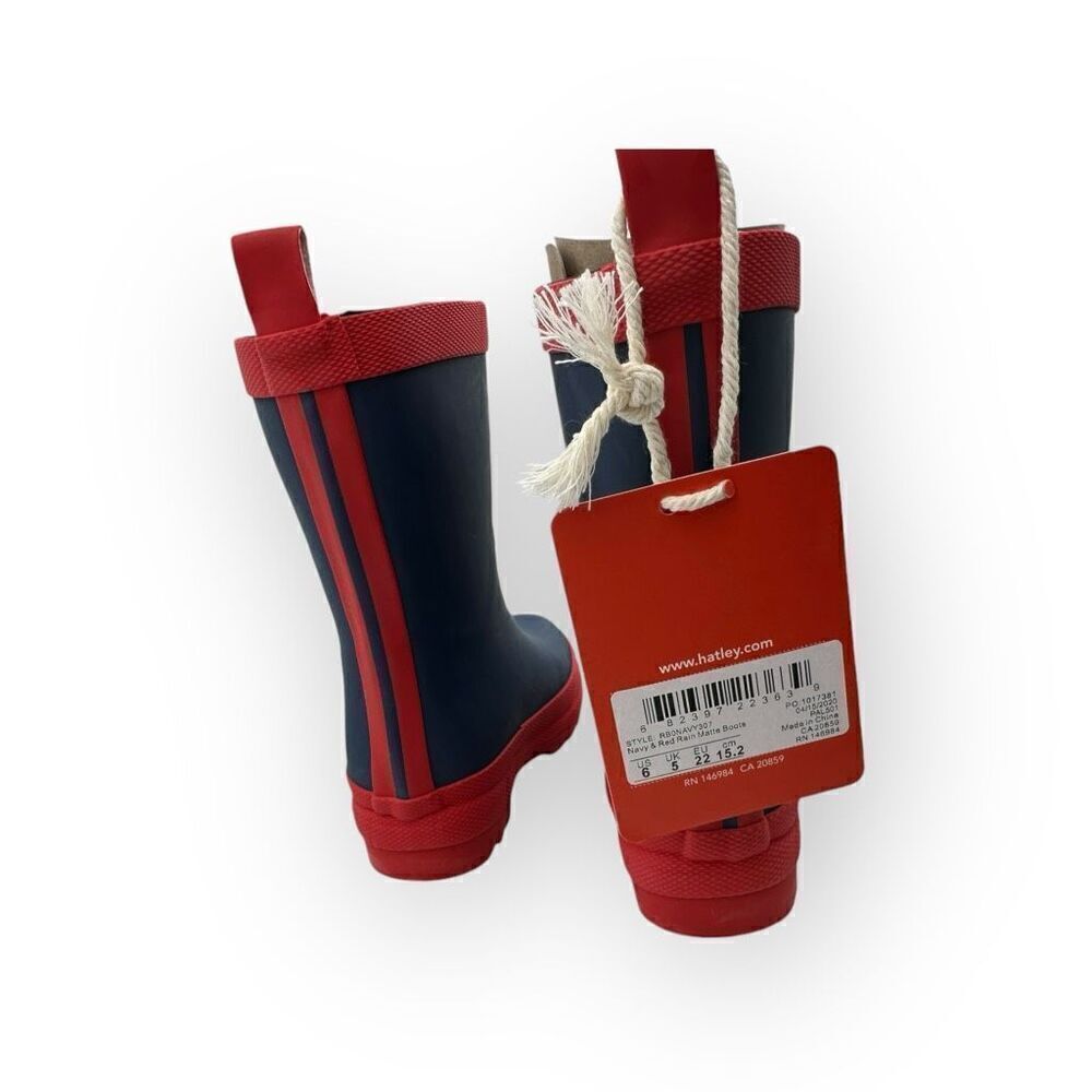 NWT Hatley Kids Classic Matte Rain Boots Navy Blue Red Size 6 - Picture 5 of 10